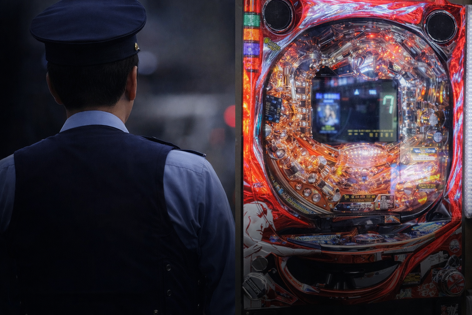 家庭用パチンコと警察・違法性の関係をイメージした対比構図