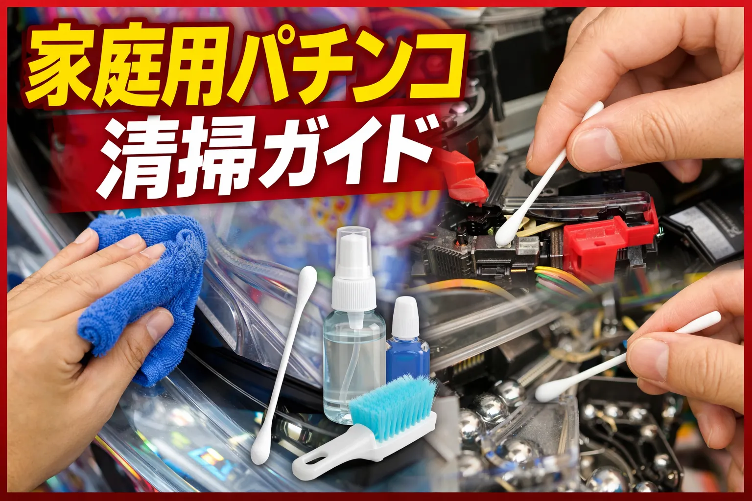 家庭用パチンコの清掃方法（ガラス・セル板・玉の通り道・綿棒清掃）の解説イメージ