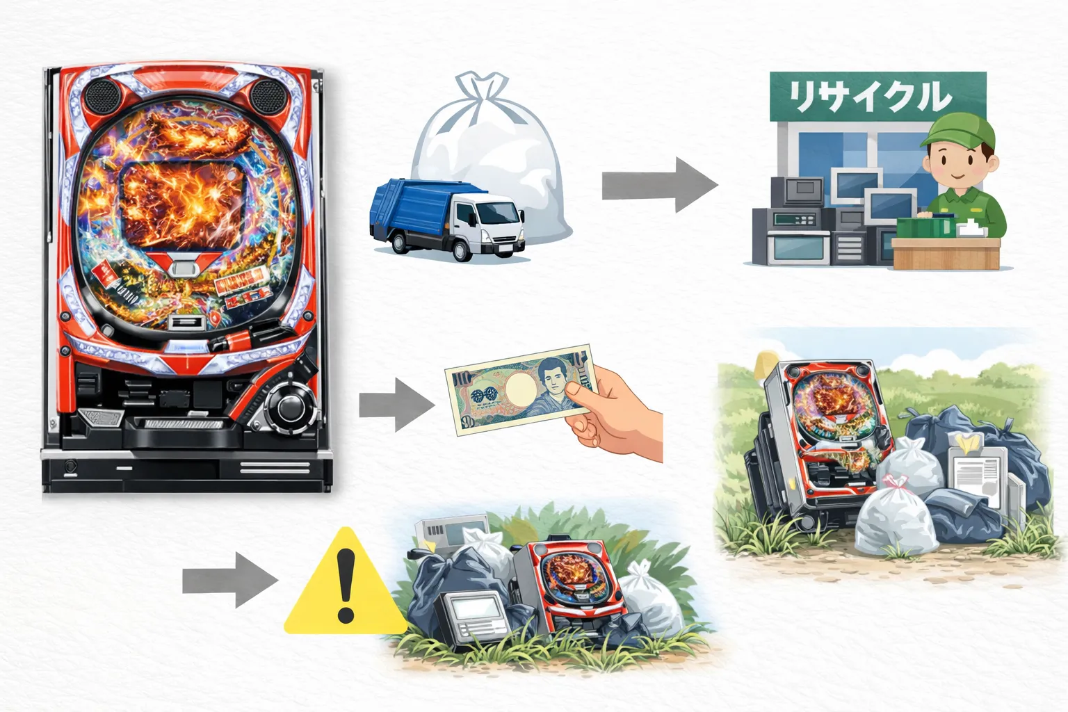 家庭用パチンコ台の処分方法や売却・回収の流れをイメージした図